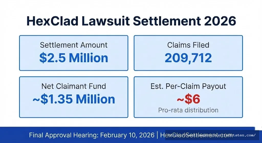 HexClad lawsuit settlement overview $2.5M fund, 209,712 claims filed, ~$6 estimated payout per claimant