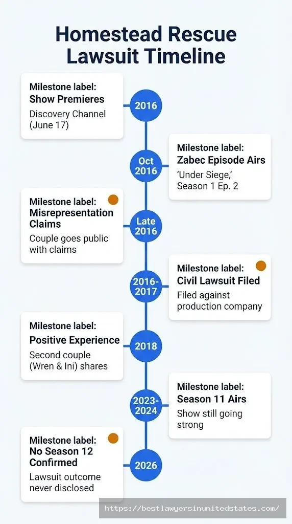 Homestead Rescue lawsuit timeline from 2016 premiere to 2026, showing Zabec case and show history