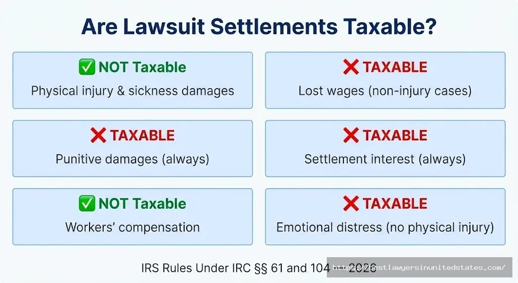 IRS chart showing which lawsuit settlements are taxable vs tax-free under 2026 rules
