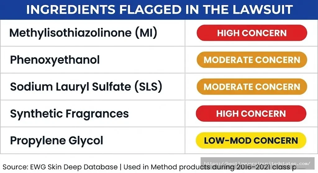 Ingredients flagged in Method lawsuit methylisothiazolinone and synthetic fragrances rated high concern by EWG
