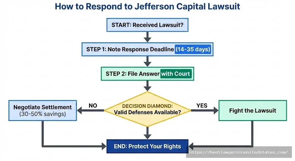 Jefferson Capital lawsuit defense flowchart showing steps from receiving lawsuit to protecting your rights