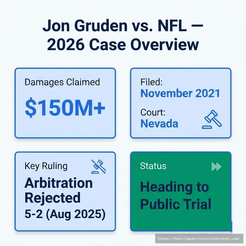 Jon Gruden NFL lawsuit overview $150M+ claimed, filed 2021, arbitration rejected, heading to Nevada trial