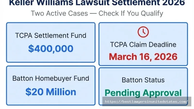 Keller Williams lawsuit settlement overview $400K TCPA fund, March 16 2026 deadline, $20M Batton homebuyer settlement