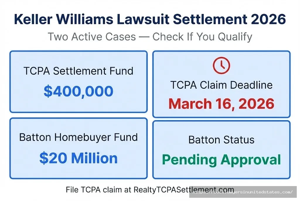 Keller Williams lawsuit settlement overview $400K TCPA fund, March 16 2026 deadline, $20M Batton homebuyer settlement