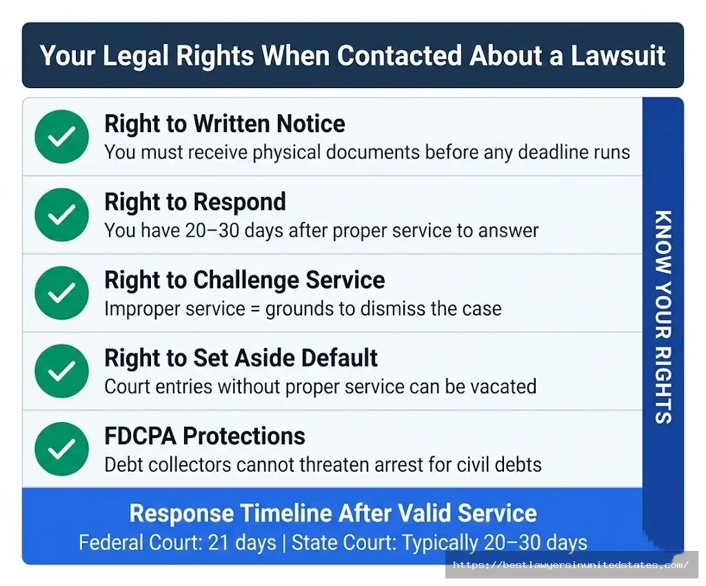 Legal rights checklist showing 5 protections when notified of a lawsuit including right to written notice and FDCPA protections