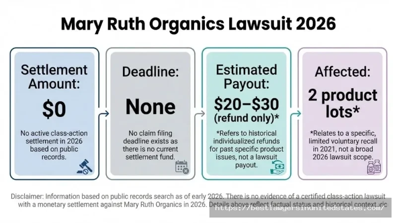 Mary Ruth Organics lawsuit overview showing no settlement, refund only, and limited 2021 recall
