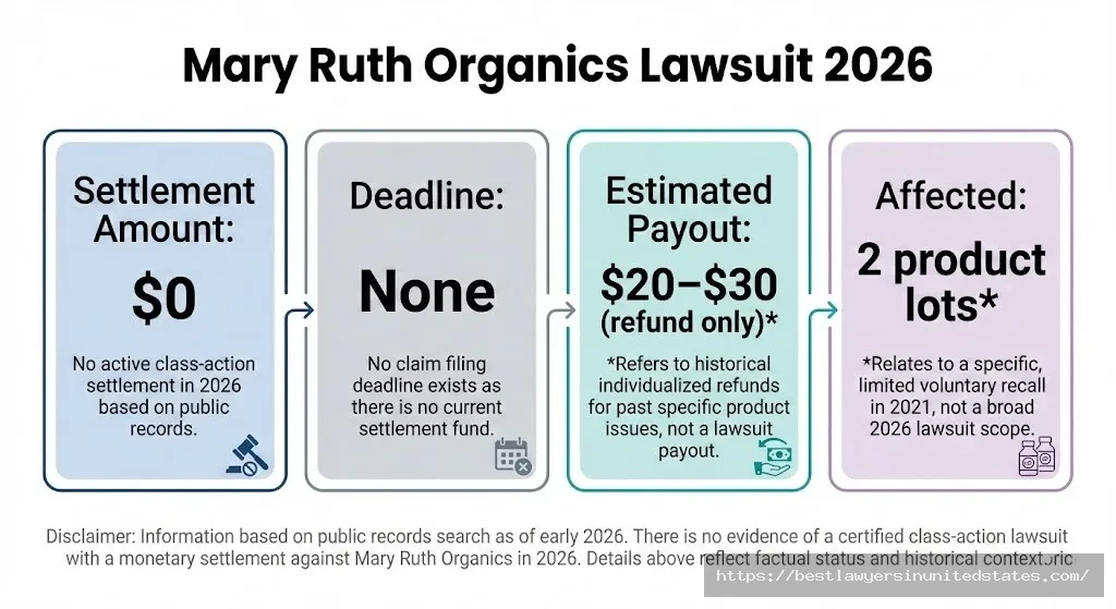 Mary Ruth Organics lawsuit overview showing no settlement, refund only, and limited 2021 recall