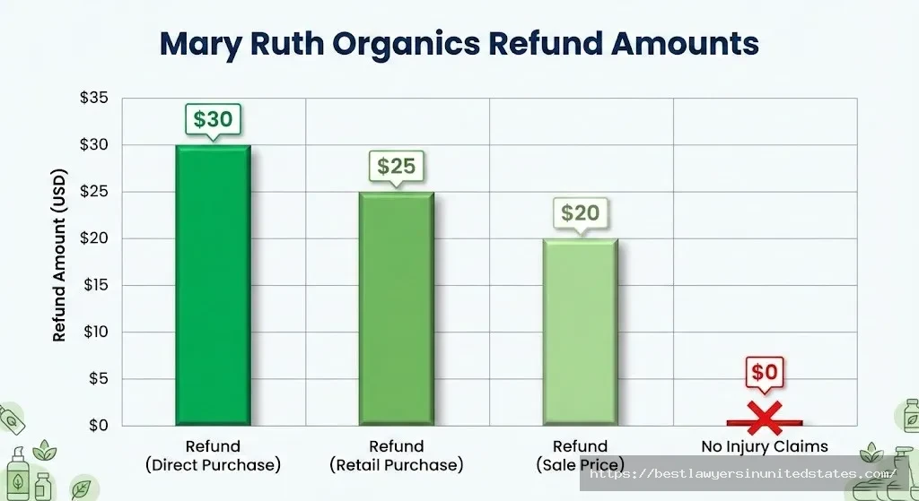 Mary Ruth Organics refund payout chart showing $20 to $30 recall refunds