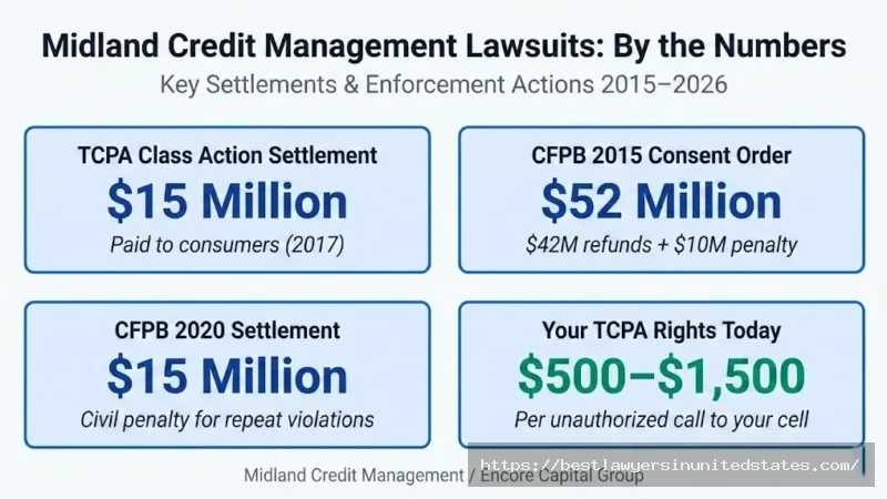 Midland Credit Management lawsuit settlements totaling $82M+, including TCPA class action and two CFPB enforcement penalties
