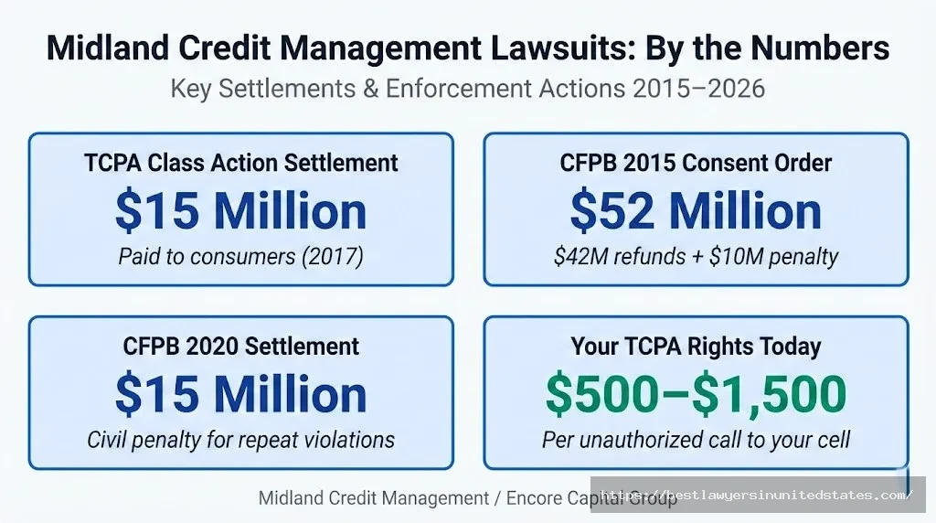 Midland Credit Management lawsuit settlements totaling $82M+, including TCPA class action and two CFPB enforcement penalties