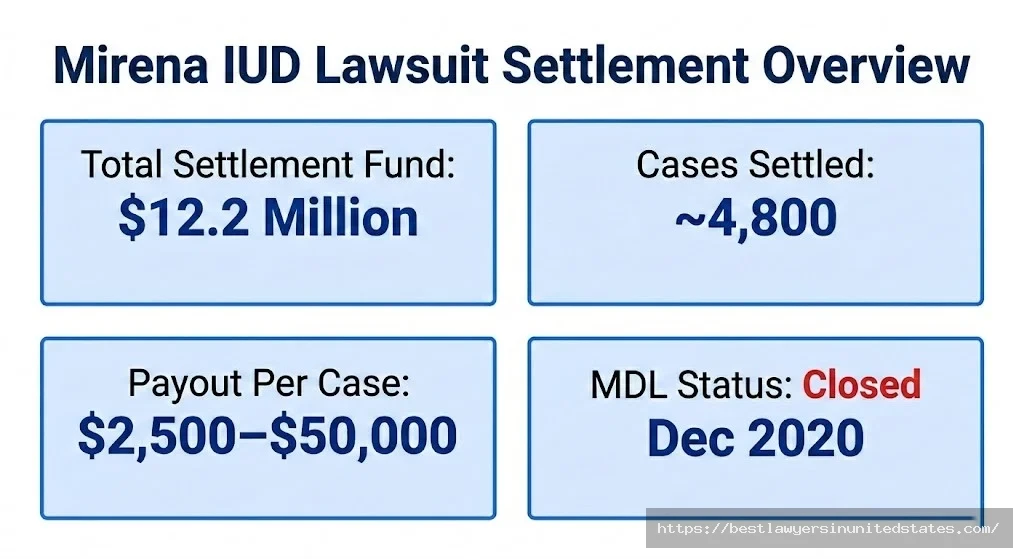Mirena IUD lawsuit overview $12.2M settlement, 4,800 cases, $2,500–$50,000 payout range, MDL closed 2020