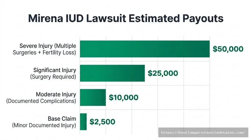 Mirena IUD settlement payout breakdown by injury severity — compensation ranges from $2,500 base to $50,000 for severe cases