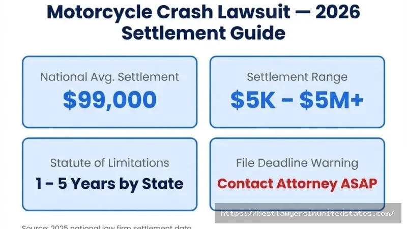 Motorcycle crash lawsuit settlement overview $99K average, $5K–$5M+ range, 1–5 year filing deadline by state.