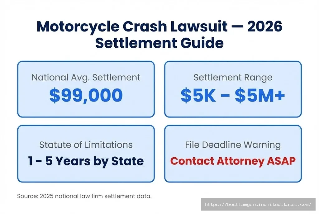 Motorcycle crash lawsuit settlement overview $99K average, $5K–$5M+ range, 1–5 year filing deadline by state.