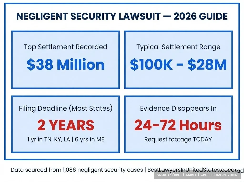 Negligent security lawsuit 2026 overview settlements up to $38M, 2-year deadline in most states, evidence gone in 72 hrs