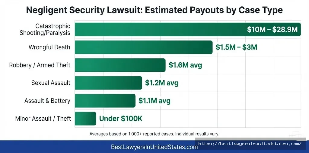 Negligent security lawsuit payout chart ranging from under $100K for minor assault to $28.9M for catastrophic shooting cases