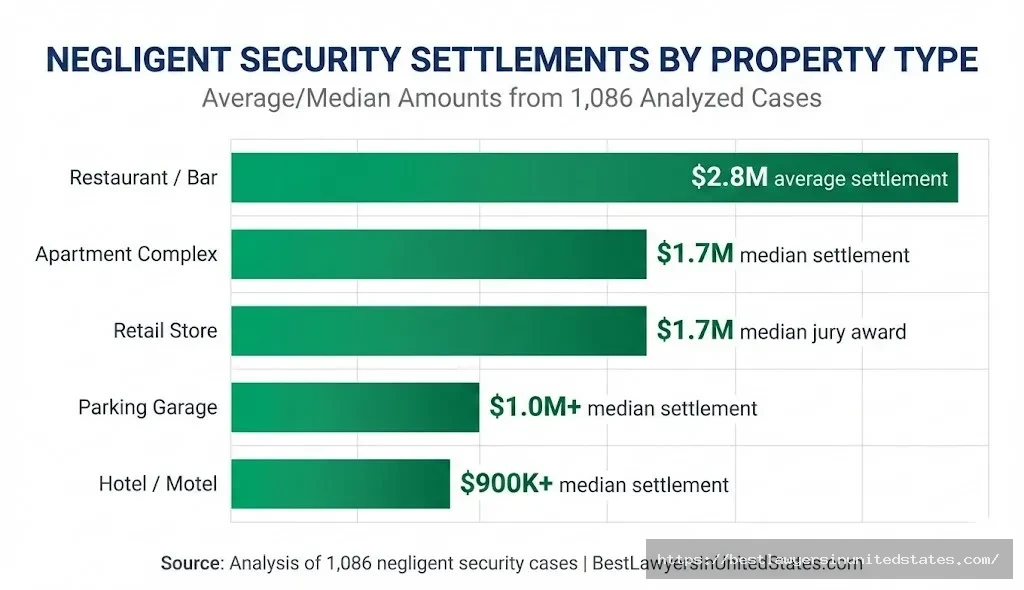 Negligent security settlement amounts by property type restaurants $2.8M, apartments $1.7M, retail $1.7M, parking $1M+