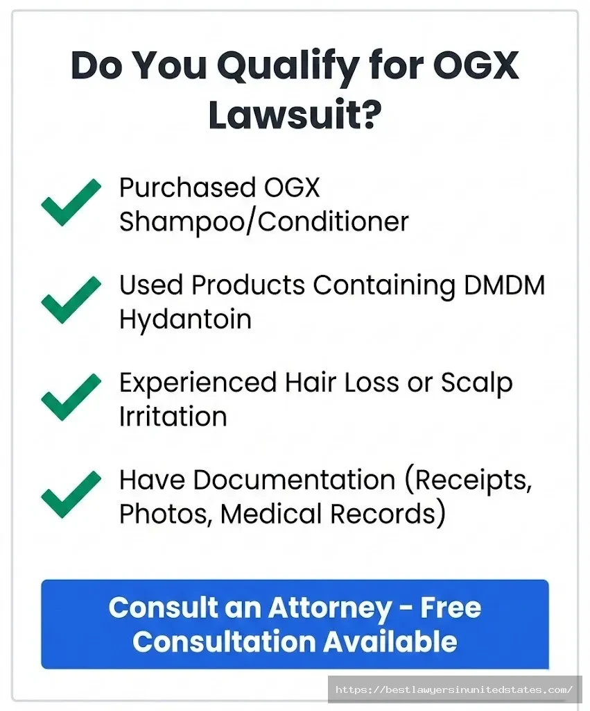 OGX lawsuit eligibility checklist showing qualification criteria product purchase, DMDM use, hair loss, and documentation