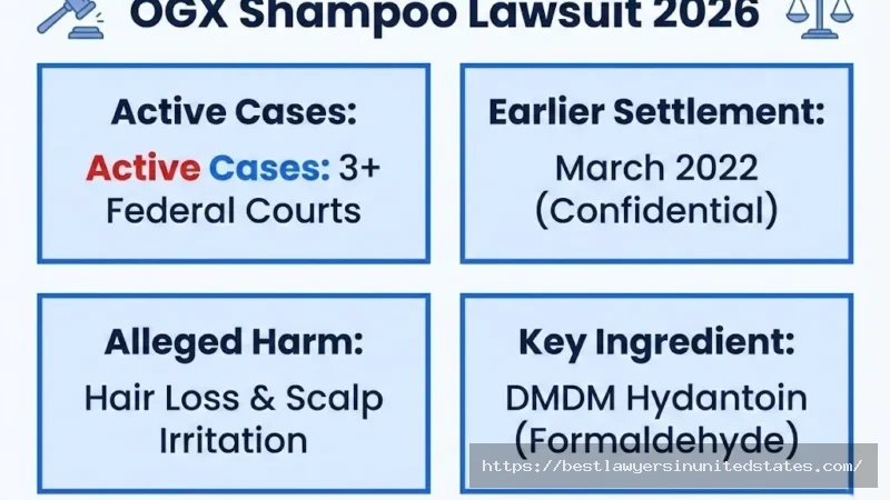 OGX shampoo lawsuit overview showing active cases, March 2022 settlement, hair loss allegations, and DMDM hydantoin ingredient