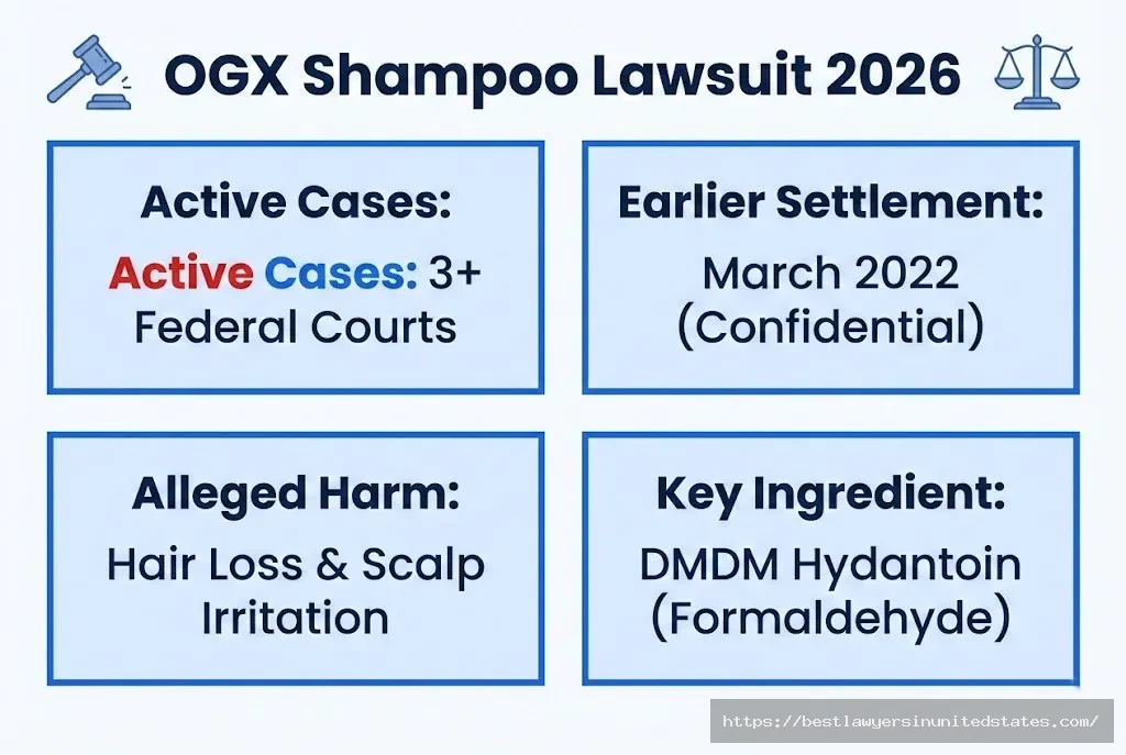 OGX shampoo lawsuit overview showing active cases, March 2022 settlement, hair loss allegations, and DMDM hydantoin ingredient