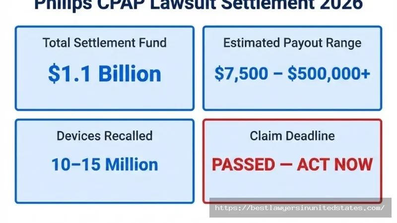 Philips CPAP lawsuit settlement overview $1.1B fund, $7,500–$500K+ payout range, 10–15M devices recalled