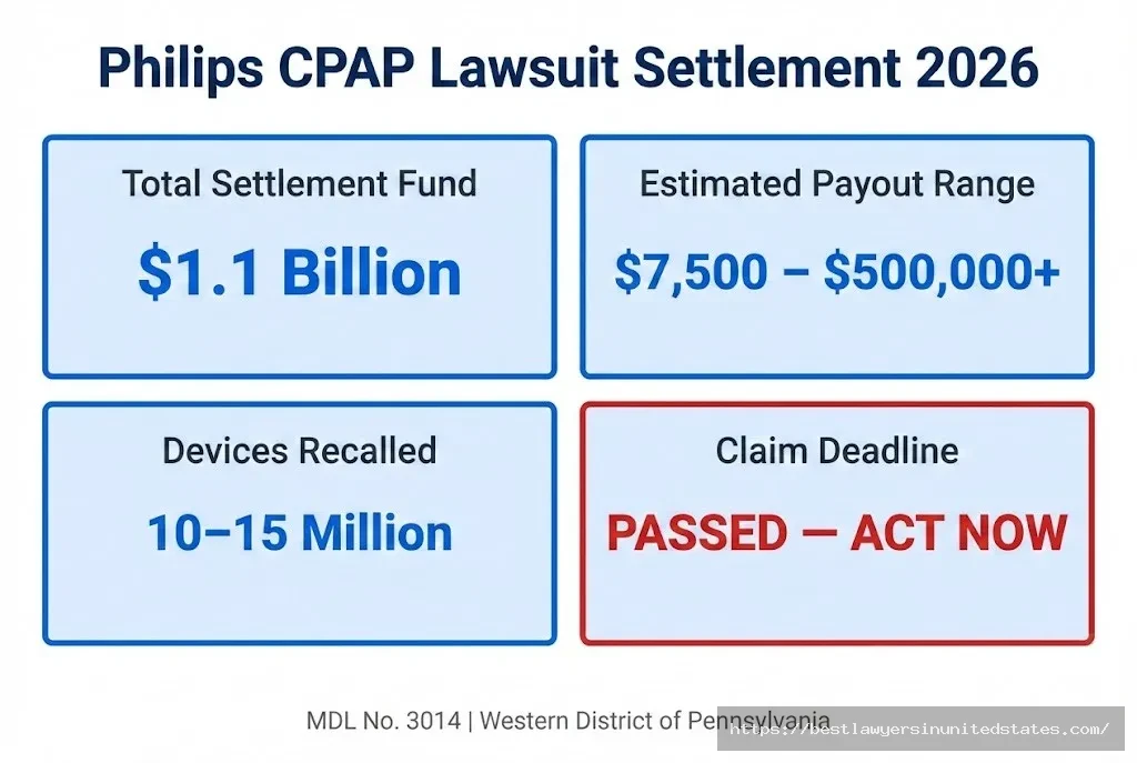 Philips CPAP lawsuit settlement overview $1.1B fund, $7,500–$500K+ payout range, 10–15M devices recalled