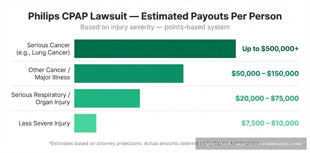 Philips CPAP settlement payout chart showing tiers from $7,500 for minor injuries to $500,000+ for serious cancer