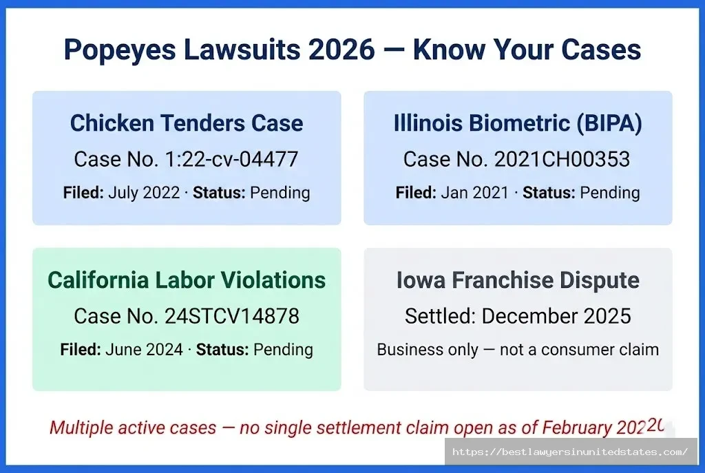 Popeyes lawsuit 2026 overview 3 pending cases covering chicken tenders, biometric data, and California wages