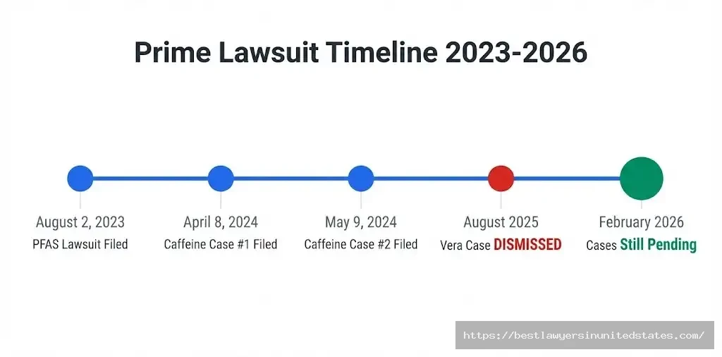 Prime lawsuit timeline from August 2023 to February 2026 showing case filings, dismissal, and ongoing status