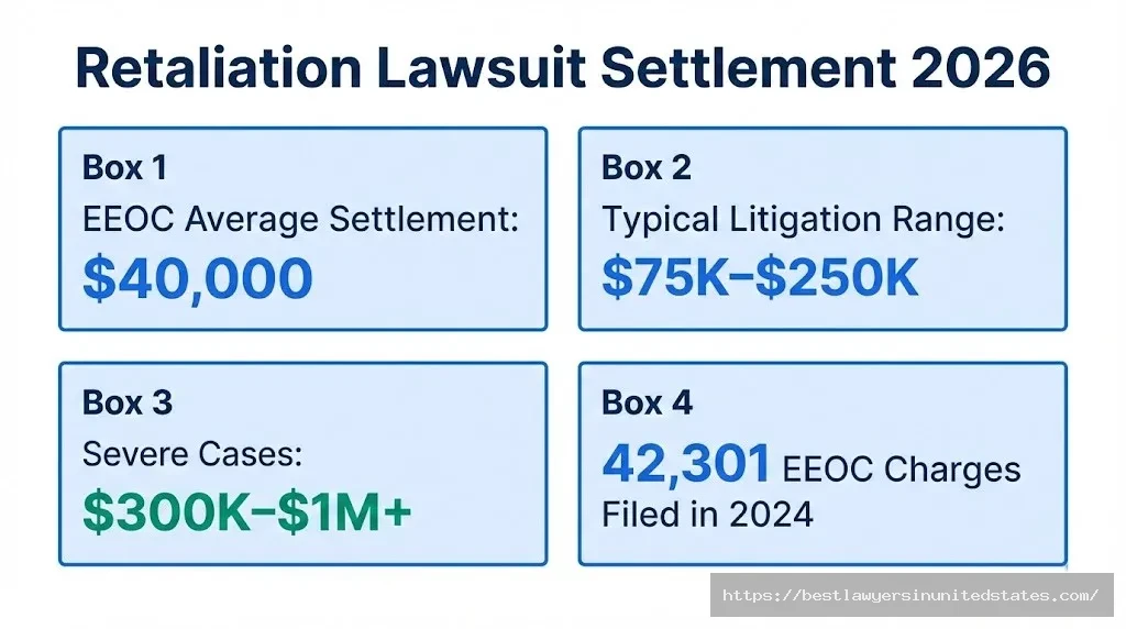 Retaliation lawsuit settlement overview $40K EEOC average, $75K–$250K litigation range, $300K+ severe cases