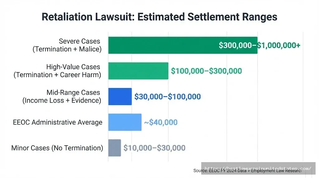 Retaliation lawsuit settlement payout tiers ranging from $10K for minor cases to $1M+ for severe termination cases