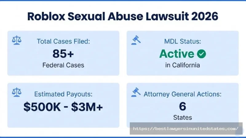 Roblox sexual abuse lawsuit overview showing 85+ federal cases, active MDL status, and $500K-$3M estimated payouts