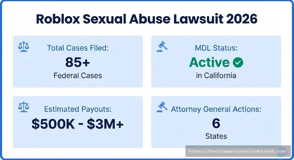 Roblox sexual abuse lawsuit overview showing 85+ federal cases, active MDL status, and $500K-$3M estimated payouts