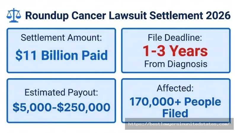 Roundup cancer lawsuit settlement overview showing $11B fund, 1-3 year filing deadline, and $5K-$250K payout range