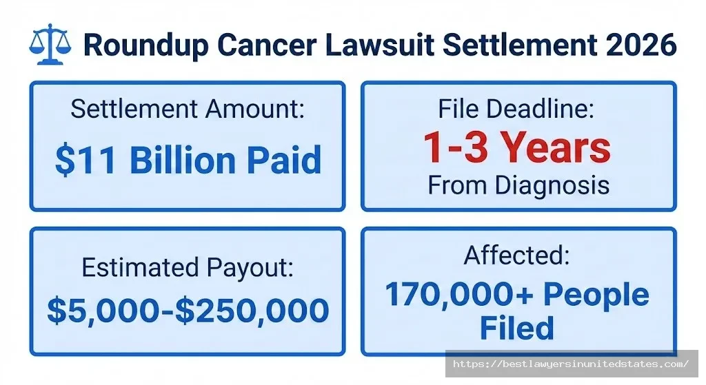 Roundup cancer lawsuit settlement overview showing $11B fund, 1-3 year filing deadline, and $5K-$250K payout range