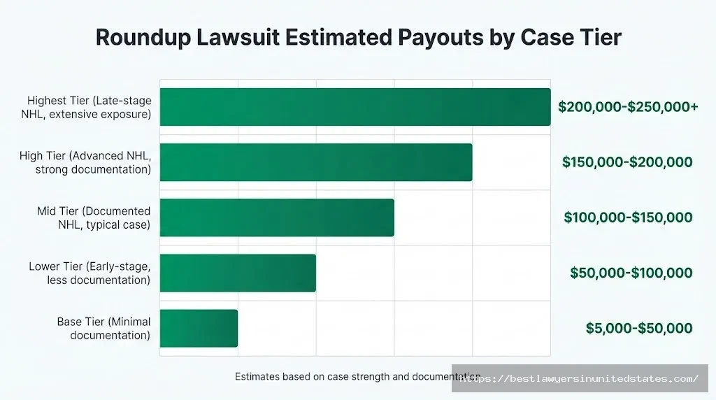 Roundup lawsuit settlement payout chart showing compensation tiers from $5,000 to $250,000 based on case strength