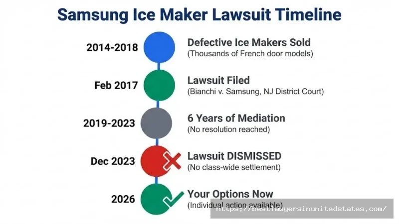 Samsung ice maker lawsuit timeline from 2014 defective models through 2023 dismissal and 2026 consumer options