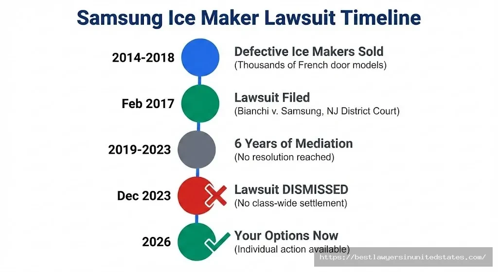 Samsung ice maker lawsuit timeline from 2014 defective models through 2023 dismissal and 2026 consumer options