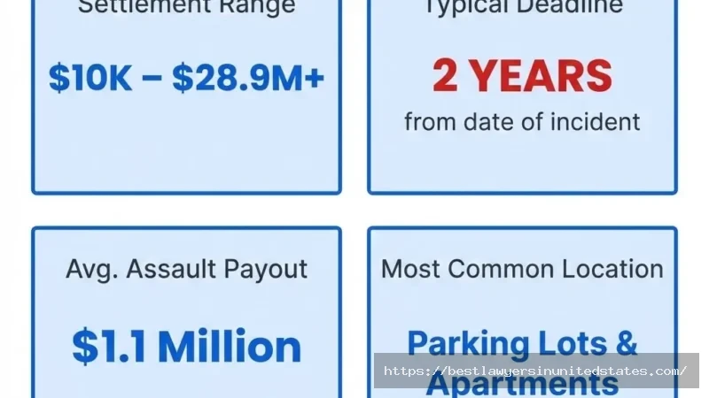 Security negligence lawsuit overview $10K–$28.9M settlement range, 2-year deadline, $1.1M average assault payout