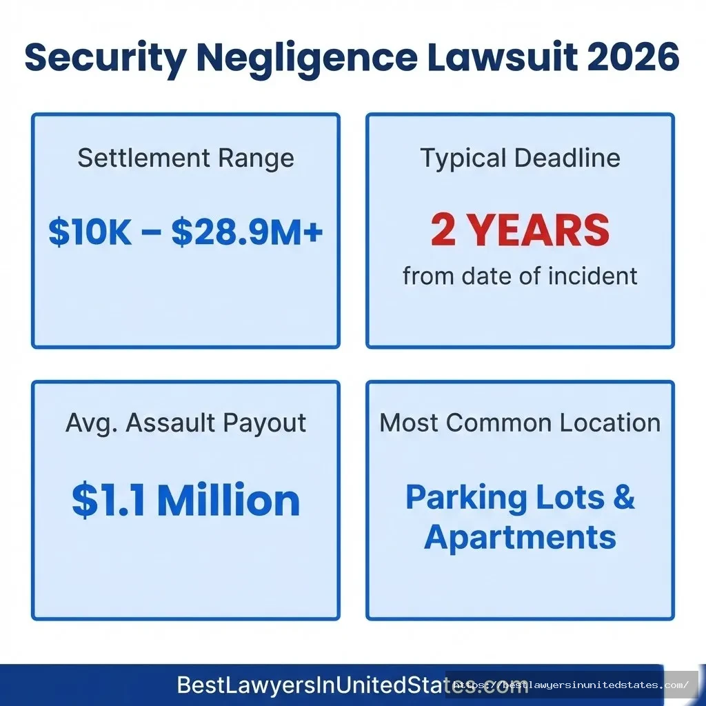 Security negligence lawsuit overview $10K–$28.9M settlement range, 2-year deadline, $1.1M average assault payout