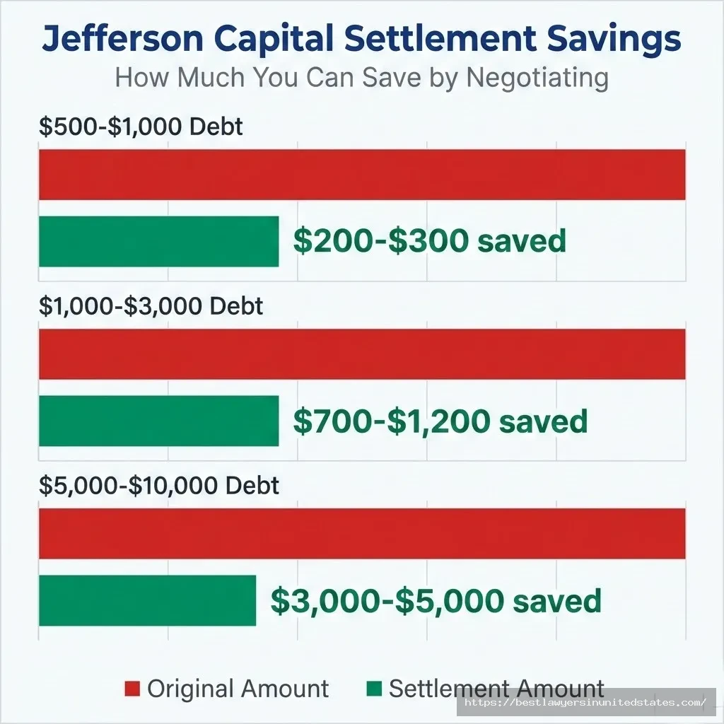 Settlement savings comparison showing 30-50% debt reduction when negotiating with Jefferson Capital Systems