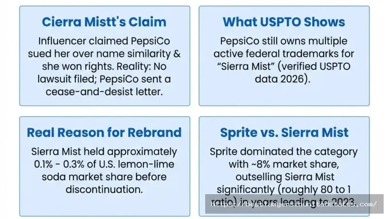 Sierra Mist lawsuit girl infographic Cierra Mistt claims vs. USPTO trademark records and real rebrand data