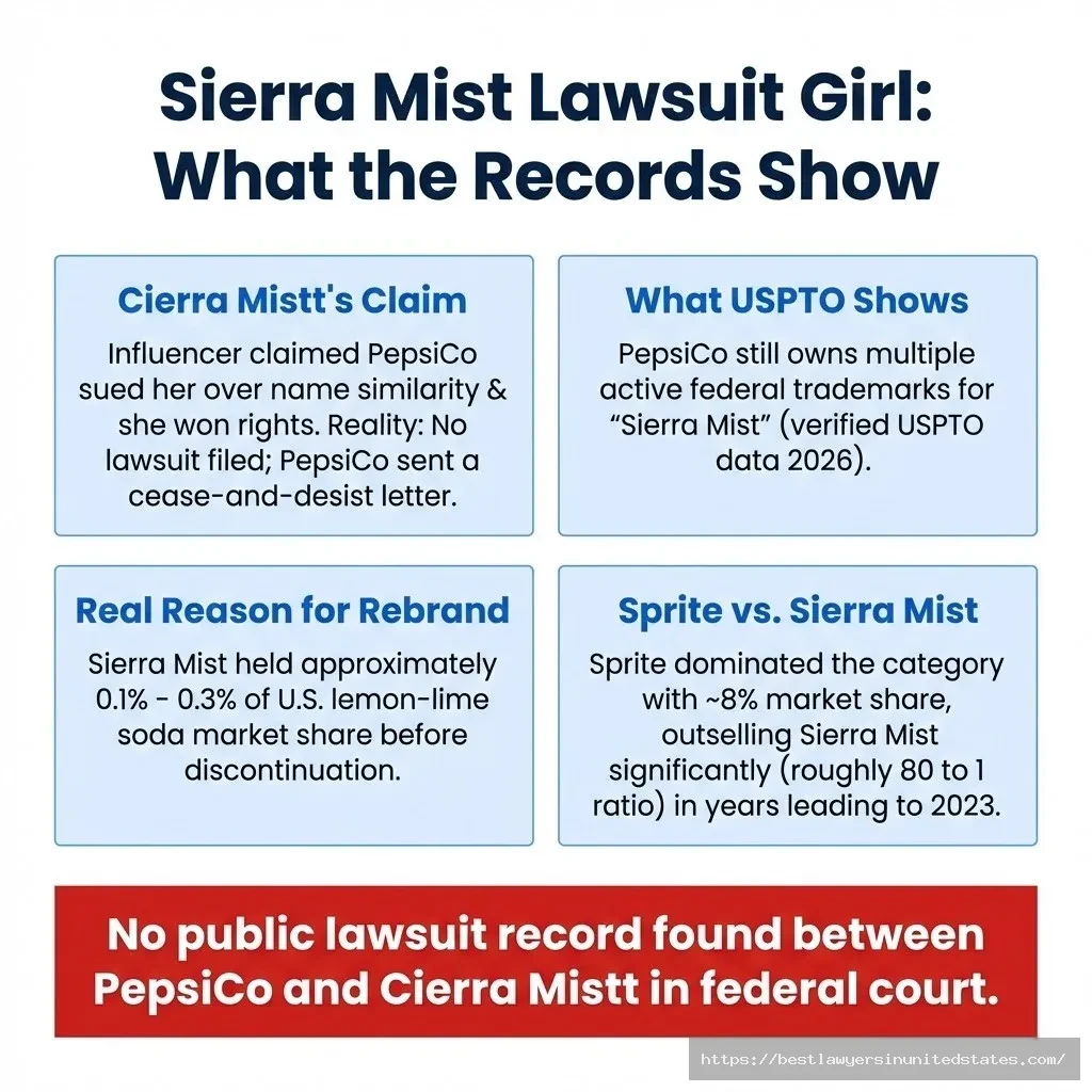 Sierra Mist lawsuit girl infographic Cierra Mistt claims vs. USPTO trademark records and real rebrand data