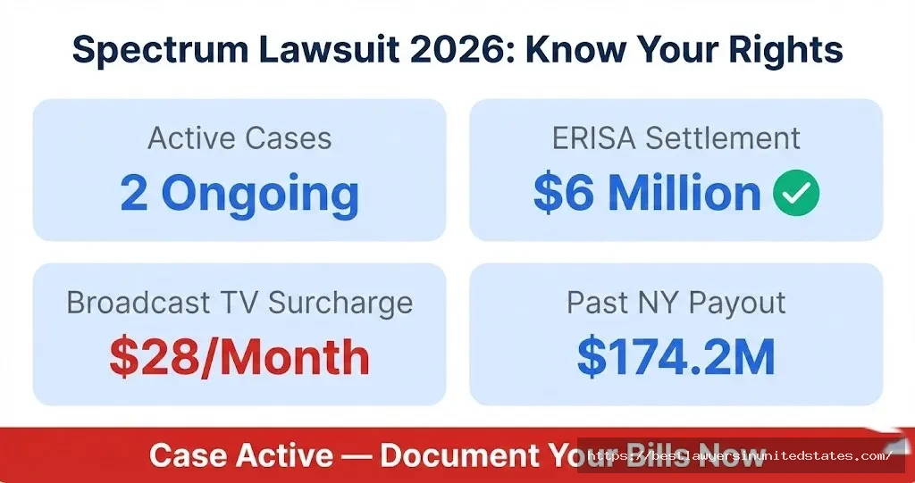 Spectrum settlement history bar chart showing $174.2M NY payout, $18.8M CA payout, and $6M active ERISA fund
