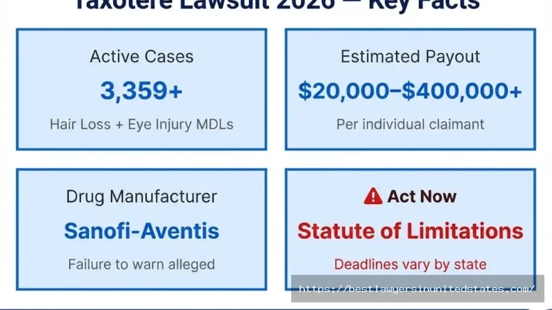 Taxotere lawsuit 2026 overview 3,359 active cases, estimated payouts $20,000–$400,000+, Sanofi-Aventis defendant