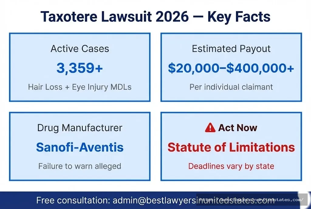 Taxotere lawsuit 2026 overview 3,359 active cases, estimated payouts $20,000–$400,000+, Sanofi-Aventis defendant