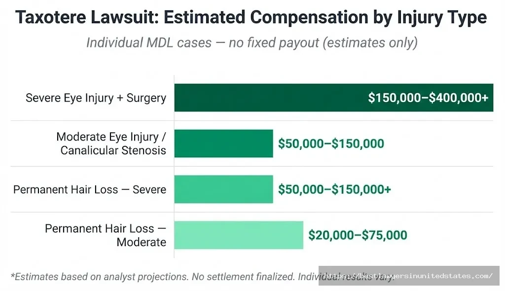 Taxotere lawsuit estimated compensation chart eye injury cases $50K–$400K+, hair loss cases $20K–$150K+