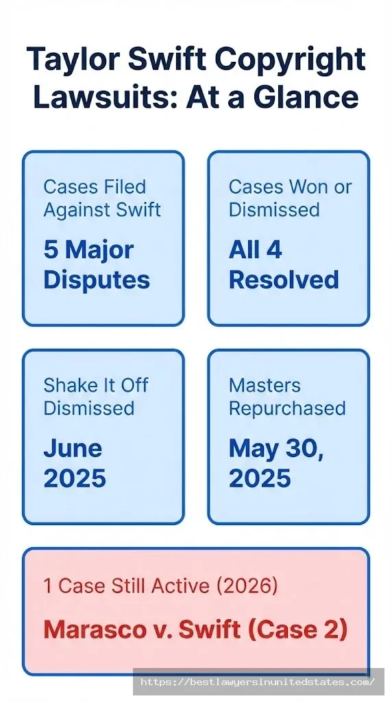 Taylor Swift copyright lawsuit overview 5 cases, 4 dismissed, Shake It Off closed June 2025, one case active 2026