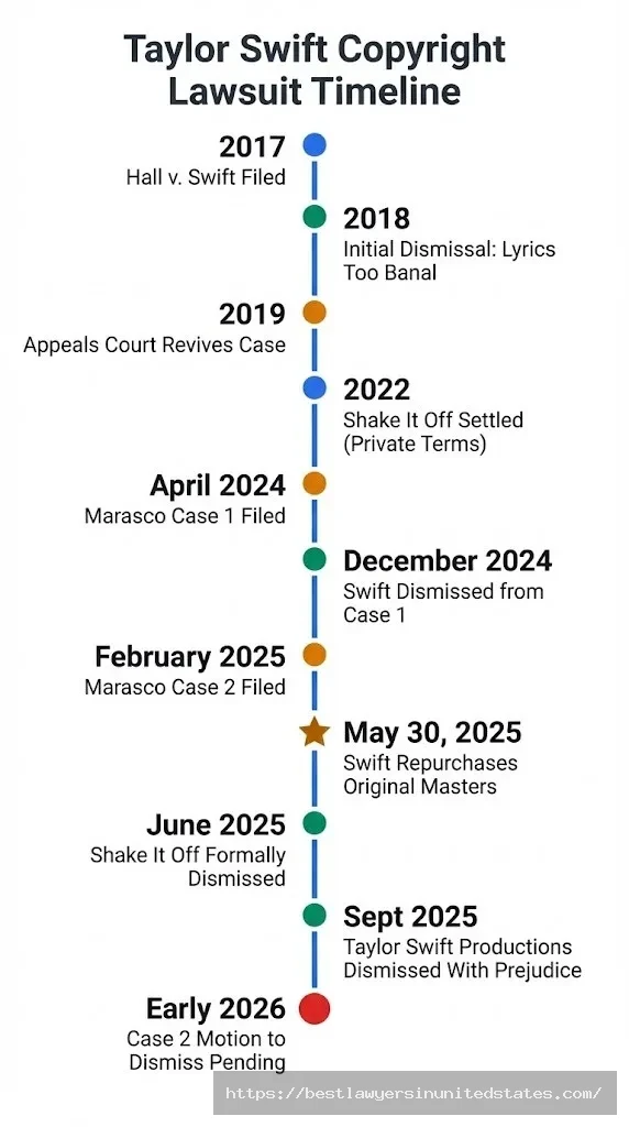 Taylor Swift copyright lawsuit timeline from 2017 filing to 2026, showing case dismissals and May 2025 masters repurchase