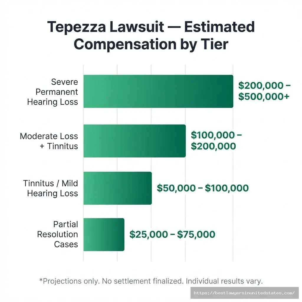 Tepezza lawsuit estimated payout chart by injury tier ranging from $25,000 for partial recovery to $500,000+ for permanent hearing loss